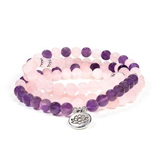 Mala quartz rose amethyste elastique lotus